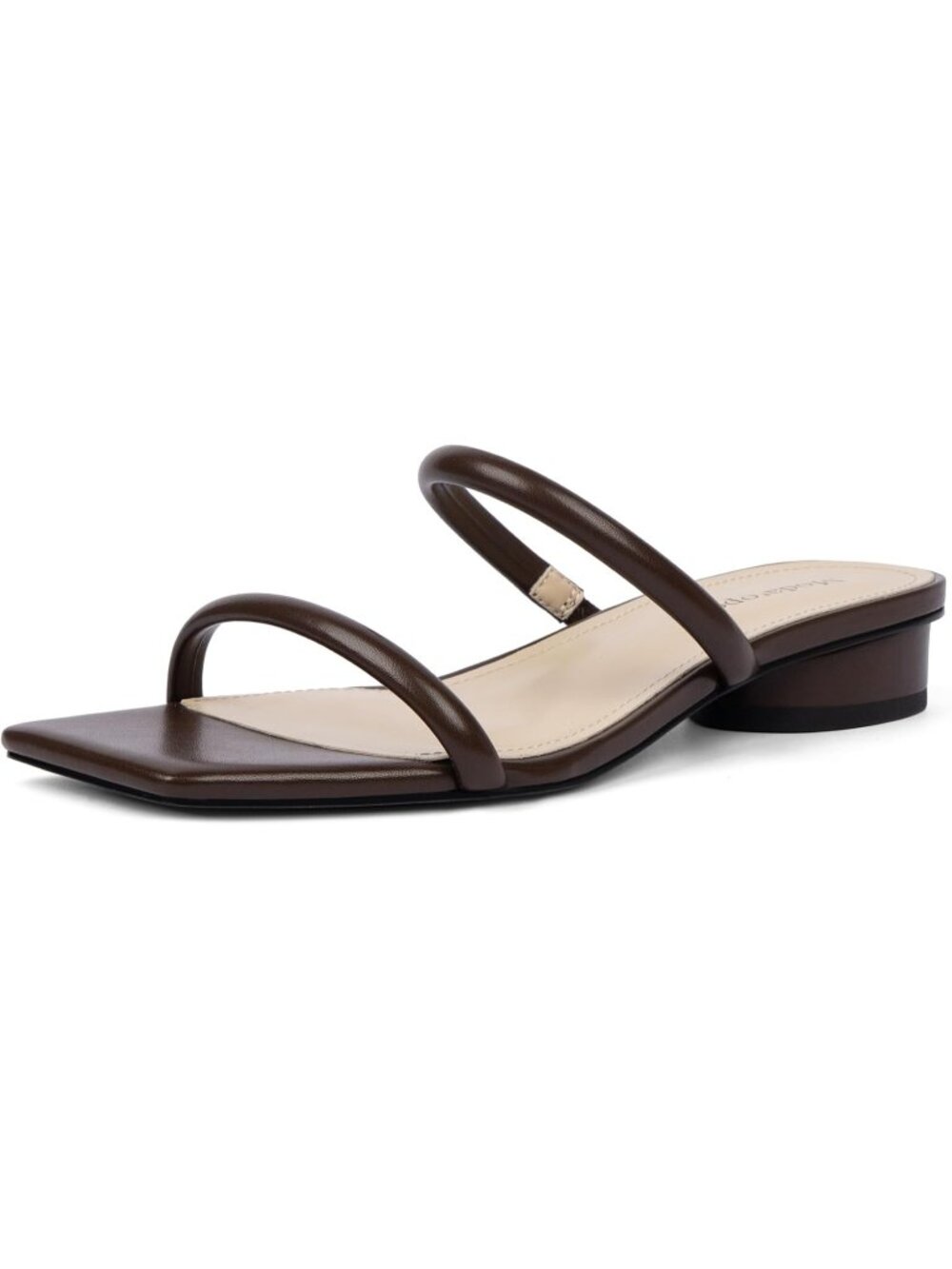 Women's Chocolate Faux Leather Two Strap Chunky Square Open Toe Low Heel Sandals